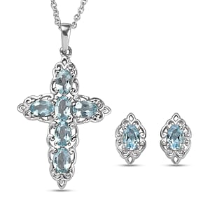 EverTrue Sky Blue Topaz 4.70 ctw Earrings and Cross Pendant Necklace 20 Inches in Stainless Steel 