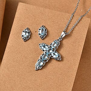 EverTrue Sky Blue Topaz 4.70 ctw Earrings and Cross Pendant Necklace 20 Inches in Stainless Steel 
