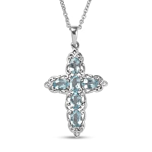 EverTrue Sky Blue Topaz 4.70 ctw Earrings and Cross Pendant Necklace 20 Inches in Stainless Steel 