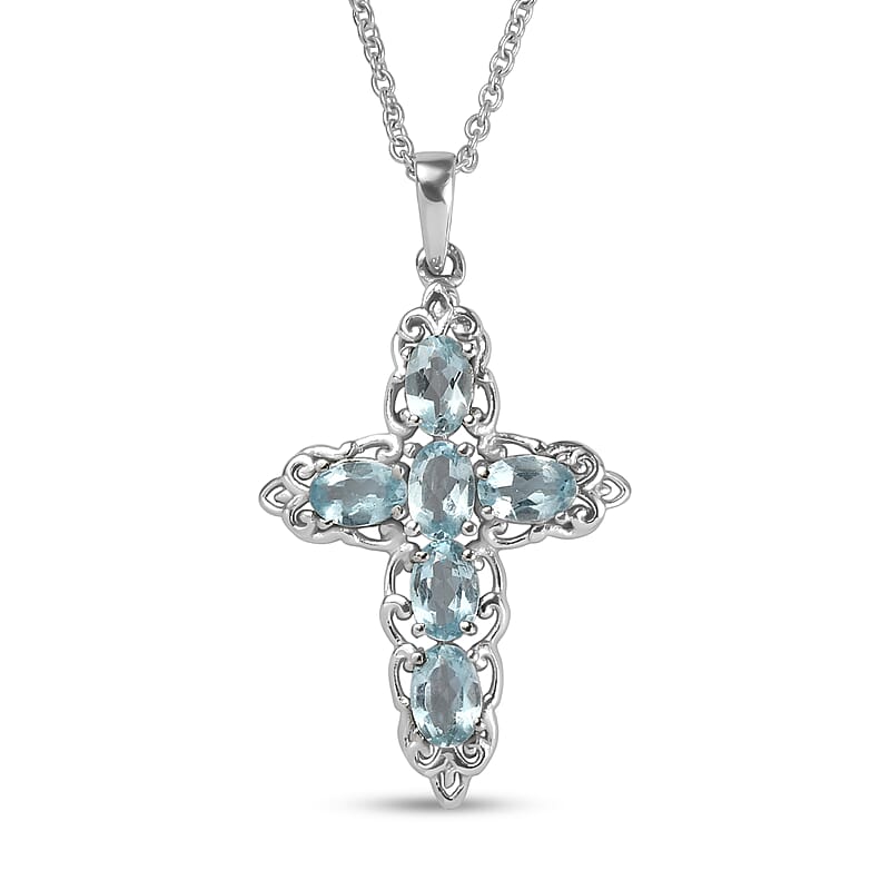 EverTrue Sky Blue Topaz 4.70 ctw Earrings and Cross Pendant Necklace 20 Inches in Stainless Steel