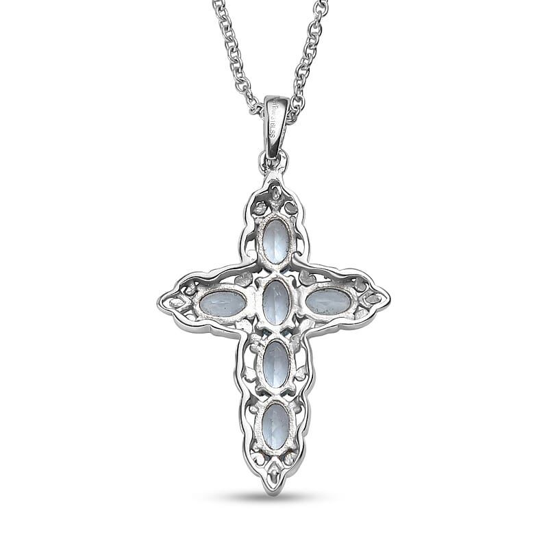 EverTrue Sky Blue Topaz 4.70 ctw Earrings and Cross Pendant Necklace 20 Inches in Stainless Steel