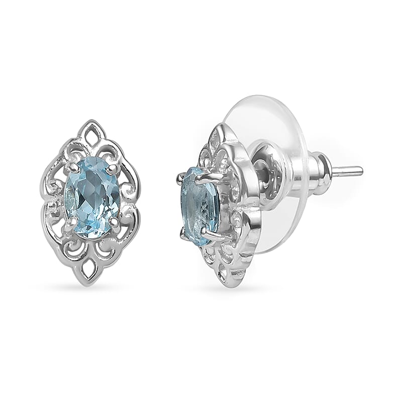 EverTrue Sky Blue Topaz 4.70 ctw Earrings and Cross Pendant Necklace 20 Inches in Stainless Steel
