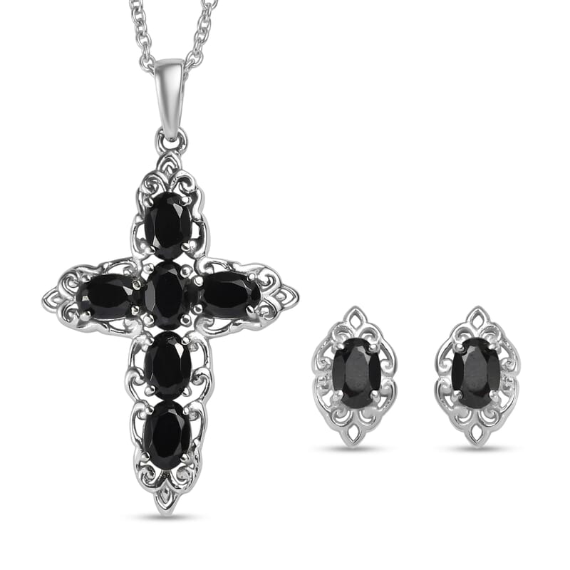 EverTrue Thai Black Spinel 4.90 ctw Earrings and Cross Pendant Necklace 20 Inches in Stainless Steel