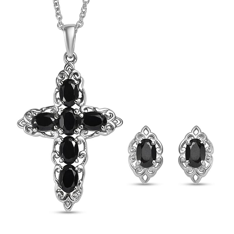 EverTrue Thai Black Spinel 4.90 ctw Earrings and Cross Pendant Necklace 20 Inches in Stainless Steel