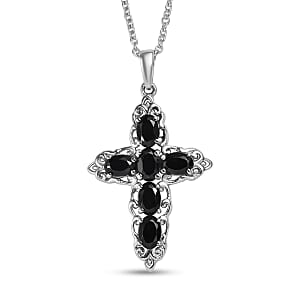 EverTrue Thai Black Spinel 4.90 ctw Earrings and Cross Pendant Necklace 20 Inches in Stainless Steel