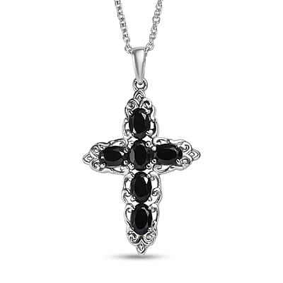 EverTrue Thai Black Spinel 4.90 ctw Earrings and Cross Pendant Necklace 20 Inches in Stainless Steel