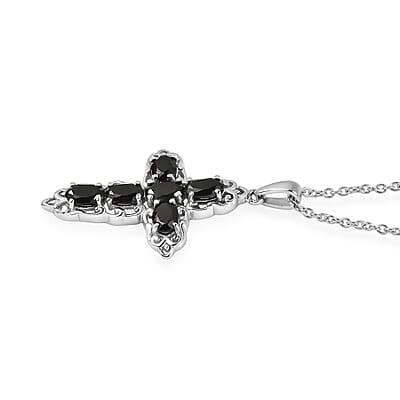 EverTrue Thai Black Spinel 4.90 ctw Earrings and Cross Pendant Necklace 20 Inches in Stainless Steel