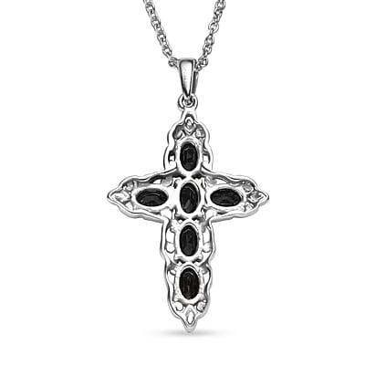 EverTrue Thai Black Spinel 4.90 ctw Earrings and Cross Pendant Necklace 20 Inches in Stainless Steel