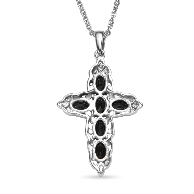 EverTrue Thai Black Spinel 4.90 ctw Earrings and Cross Pendant Necklace 20 Inches in Stainless Steel