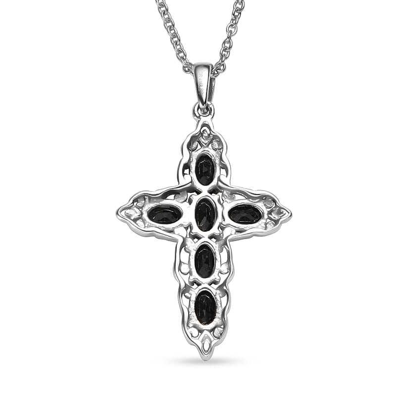 EverTrue Thai Black Spinel 4.90 ctw Earrings and Cross Pendant Necklace 20 Inches in Stainless Steel