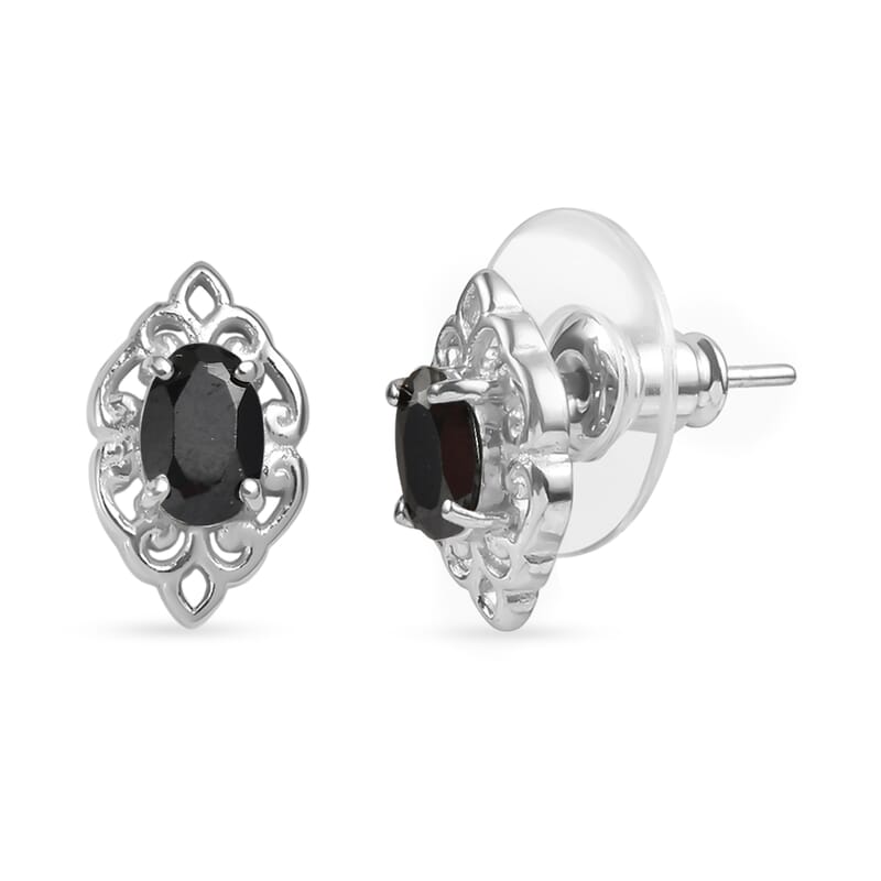 EverTrue Thai Black Spinel 4.90 ctw Earrings and Cross Pendant Necklace 20 Inches in Stainless Steel