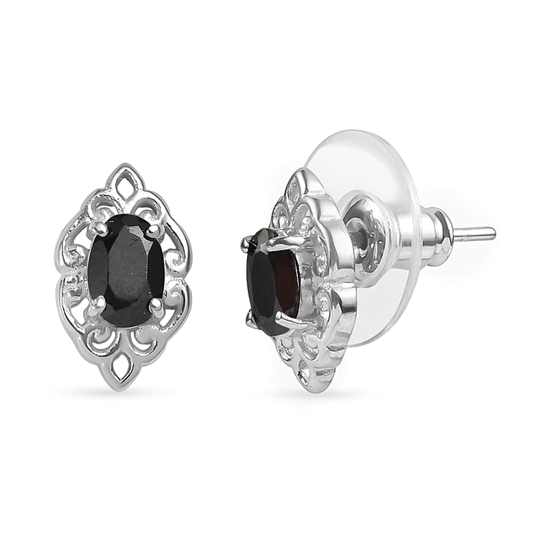EverTrue Thai Black Spinel 4.90 ctw Earrings and Cross Pendant Necklace 20 Inches in Stainless Steel
