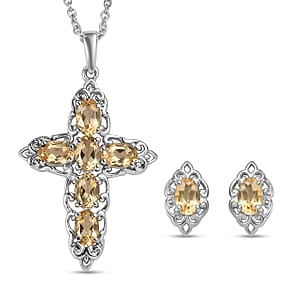 EverTrue Brazilian Citrine 3.25 ctw Earrings and Cross Pendant Necklace 20 Inches in Stainless Steel