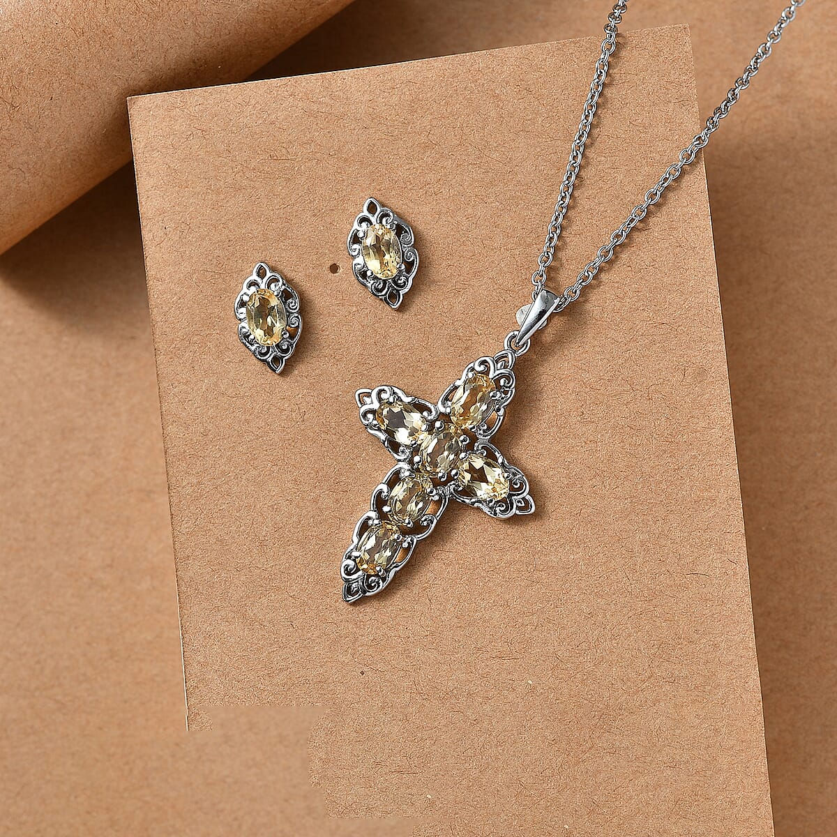 EverTrue Brazilian Citrine 3.25 ctw Earrings and Cross Pendant Necklace 20 Inches in Stainless Steel image number 1