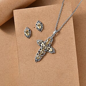 EverTrue Brazilian Citrine 3.25 ctw Earrings and Cross Pendant Necklace 20 Inches in Stainless Steel