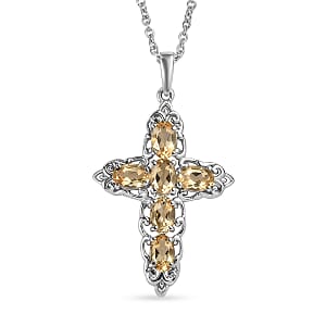 EverTrue Brazilian Citrine 3.25 ctw Earrings and Cross Pendant Necklace 20 Inches in Stainless Steel