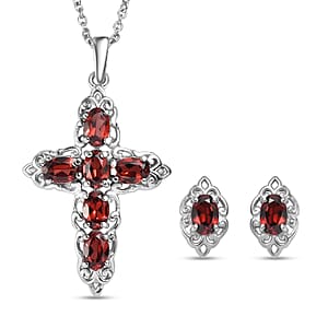 EverTrue Mozambique Garnet 4.60 ctw Earrings and Cross Pendant Necklace 20 Inches in Stainless Steel