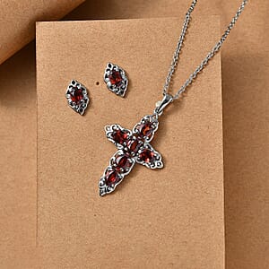 EverTrue Mozambique Garnet 4.60 ctw Earrings and Cross Pendant Necklace 20 Inches in Stainless Steel