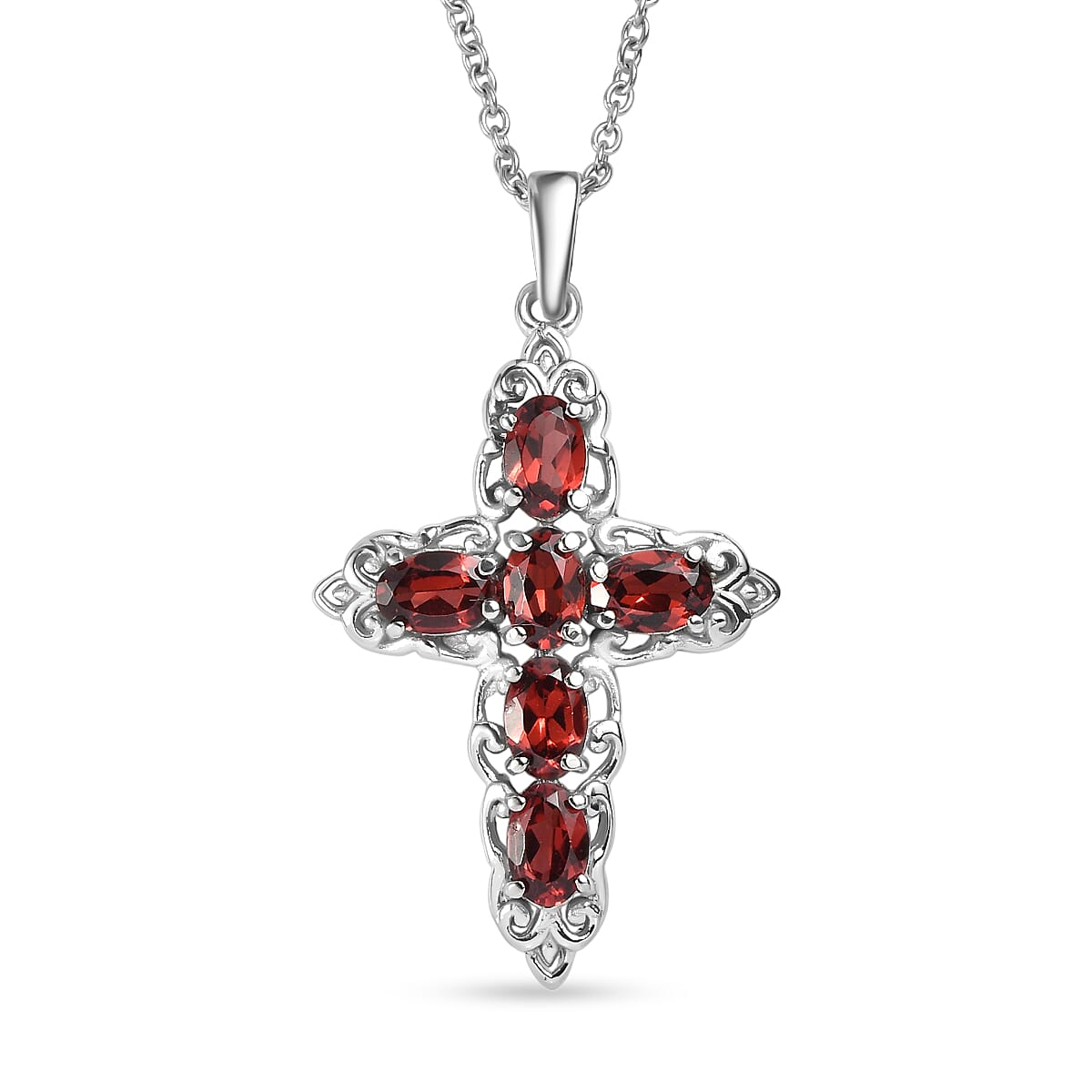 EverTrue Mozambique Garnet 4.60 ctw Earrings and Cross Pendant Necklace 20 Inches in Stainless Steel image number 3