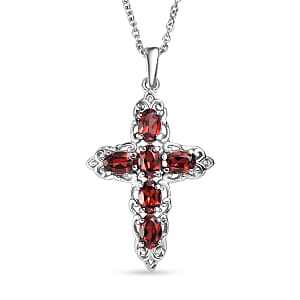 EverTrue Mozambique Garnet 4.60 ctw Earrings and Cross Pendant Necklace 20 Inches in Stainless Steel