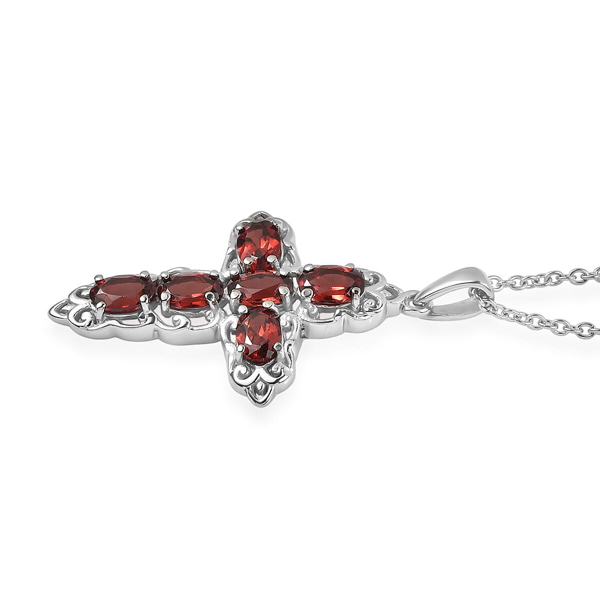 EverTrue Mozambique Garnet 4.60 ctw Earrings and Cross Pendant Necklace 20 Inches in Stainless Steel image number 4