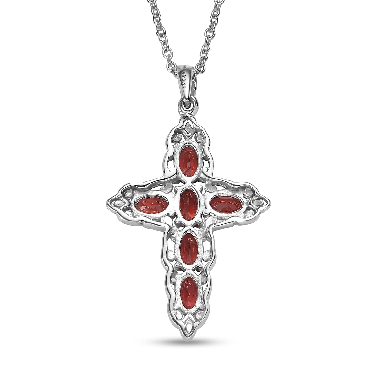 EverTrue Mozambique Garnet 4.60 ctw Earrings and Cross Pendant Necklace 20 Inches in Stainless Steel image number 5