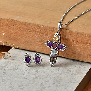 EverTrue Multi Gemstone 3.60 ctw Earrings and Pendant Necklace (20 Inches) in Stainless Steel