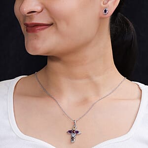 EverTrue Multi Gemstone 3.60 ctw Earrings and Pendant Necklace (20 Inches) in Stainless Steel