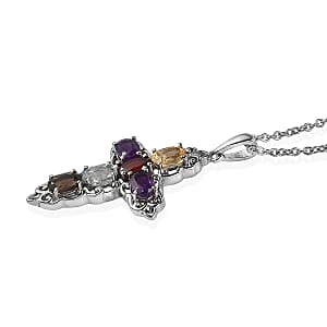 EverTrue Multi Gemstone 3.60 ctw Earrings and Pendant Necklace (20 Inches) in Stainless Steel