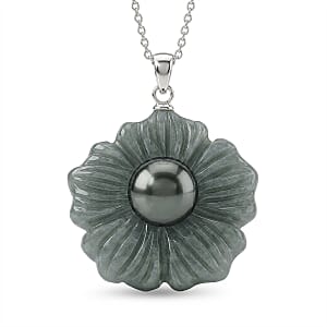 D'Joy Tahitian Pearl and Natural Olmec Jadeite 39.50 ctw Blooming Flower Pendant Necklace in Rhodium Over Sterling Silver 18 Inches