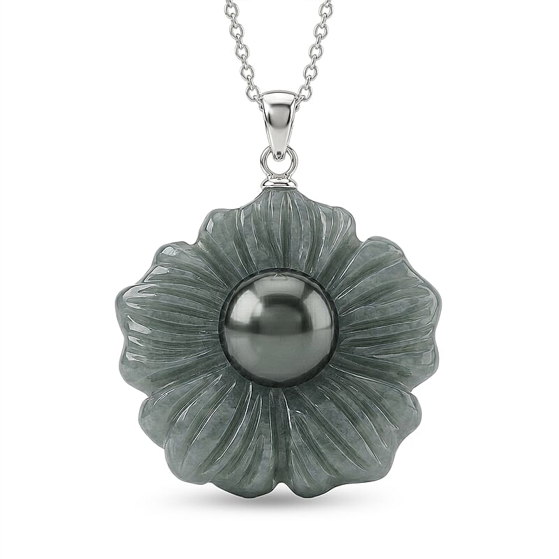 D'Joy Tahitian Pearl and Natural Olmec Jadeite 39.50 ctw Blooming Flower Pendant Necklace in Rhodium Over Sterling Silver 18 Inches