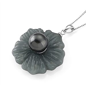 D'Joy Tahitian Pearl and Natural Olmec Jadeite 39.50 ctw Blooming Flower Pendant Necklace in Rhodium Over Sterling Silver 18 Inches