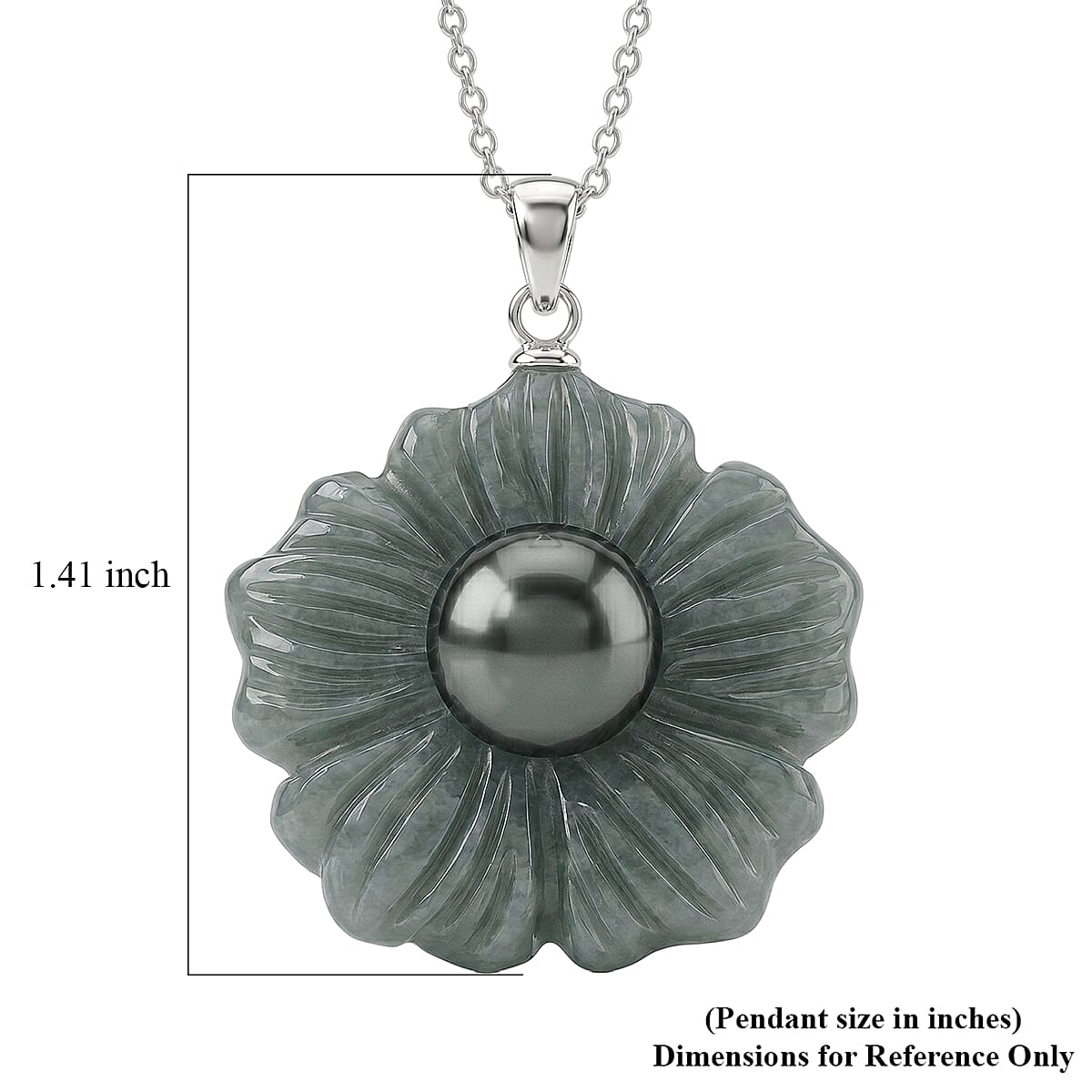 D'Joy Tahitian Pearl and Natural Olmec Jadeite 39.50 ctw Blooming Flower Pendant Necklace in Rhodium Over Sterling Silver 18 Inches