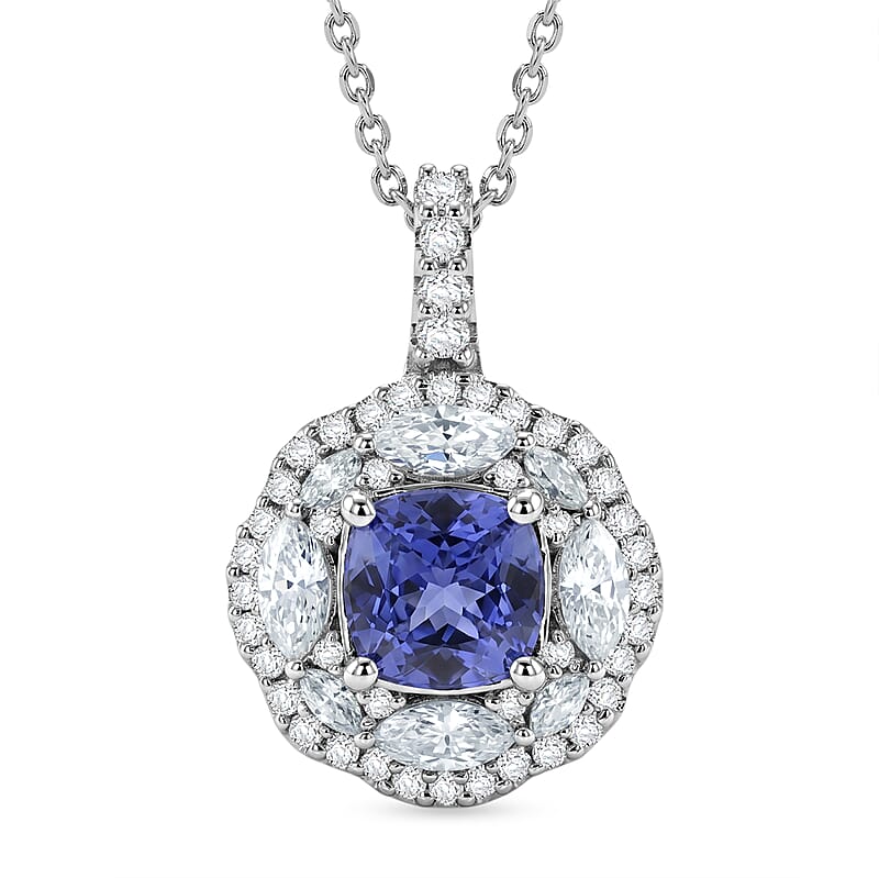 Certified & Appraised D'Joy Tanzanite and Moissanite 2.90 ctw Pendant Necklace in Rhodium Over Sterling Silver 20 Inches
