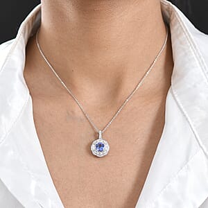 D'Joy Tanzanite and Moissanite 2.90 ctw Pendant Necklace in Rhodium Over Sterling Silver 20 Inches 
