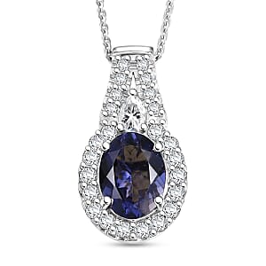 Certified & Appraised  D'Joy Premium Catalina Iolite and Moissanite 2.00 ctw Pendant Necklace in Rhodium Over Sterling Silver 20 Inches 