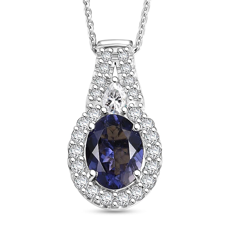 Certified & Appraised  D'Joy Premium Catalina Iolite and Moissanite 2.00 ctw Pendant Necklace in Rhodium Over Sterling Silver 20 Inches