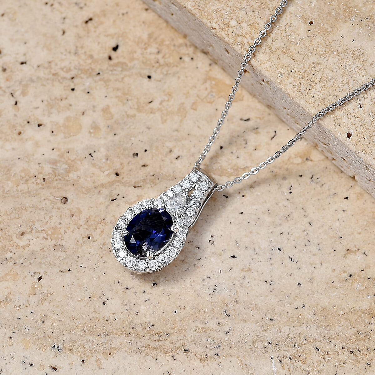 Certified & Appraised  D'Joy Premium Catalina Iolite and Moissanite 2.00 ctw Pendant Necklace in Rhodium Over Sterling Silver 20 Inches  image number 1
