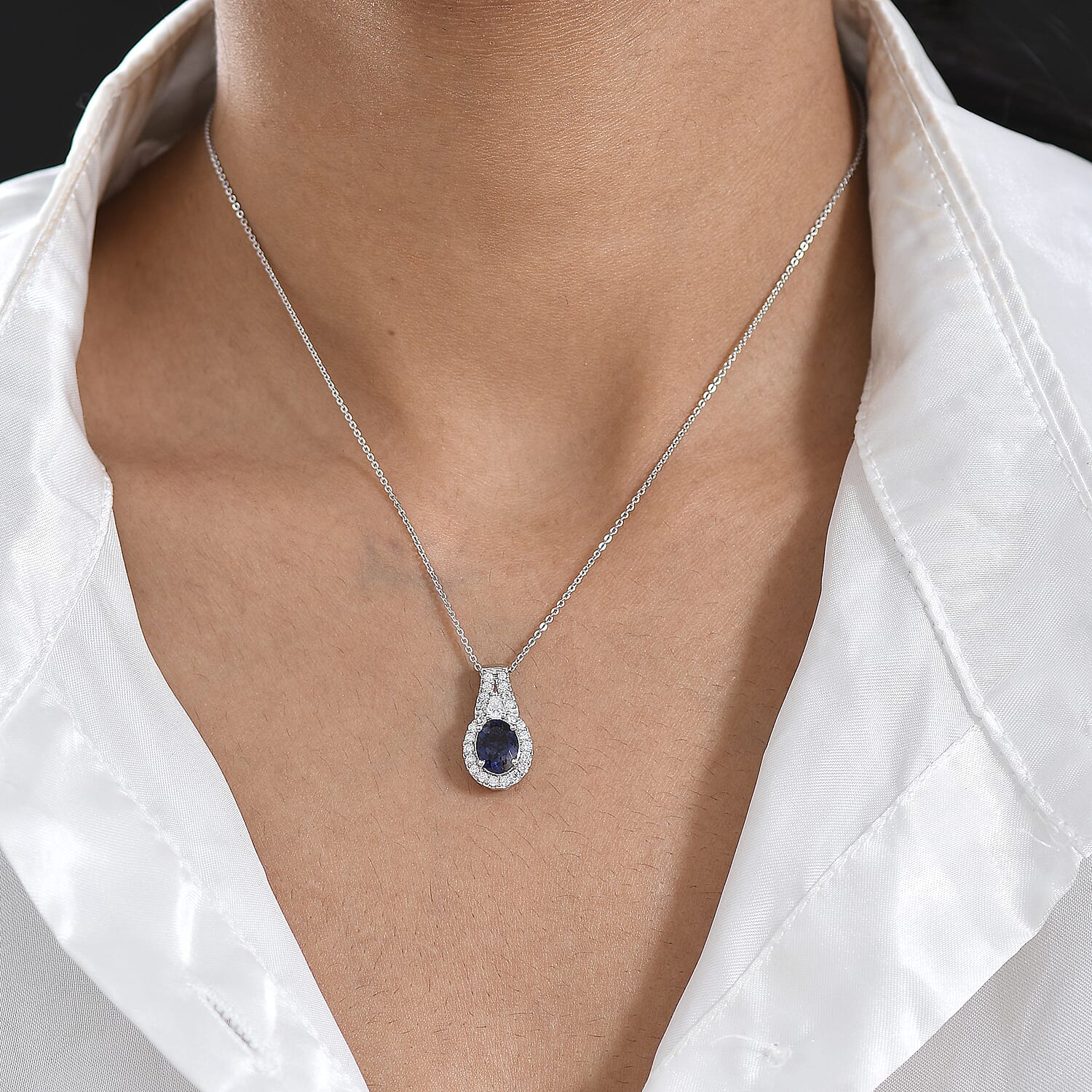 Certified & Appraised  D'Joy Premium Catalina Iolite and Moissanite 2.00 ctw Pendant Necklace in Rhodium Over Sterling Silver 20 Inches