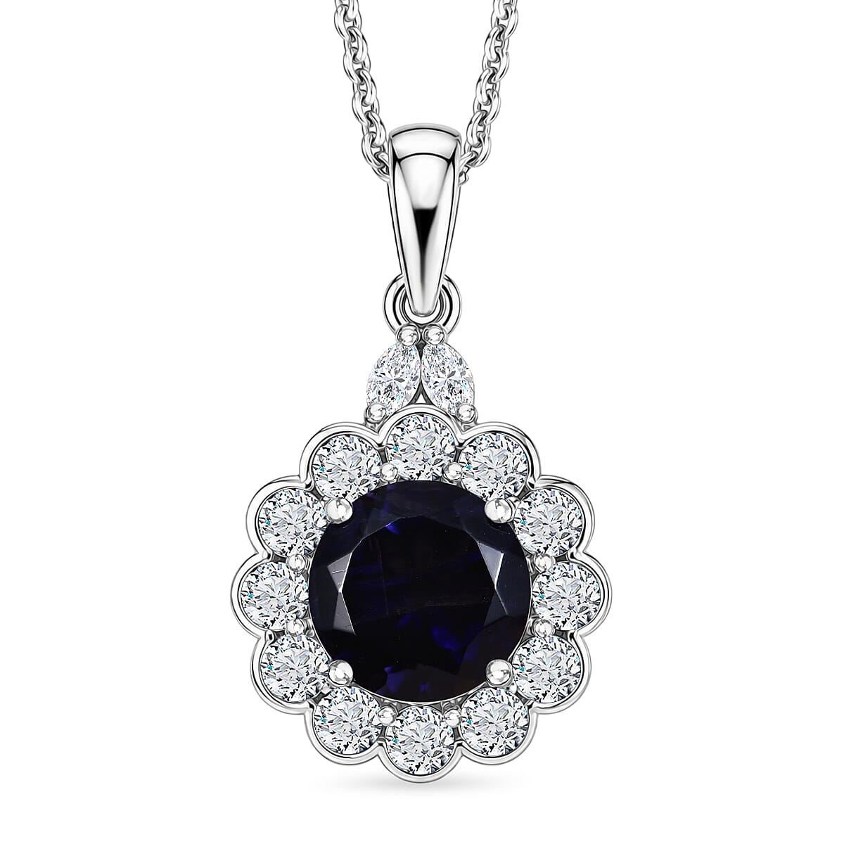 D'Joy Premium Catalina Iolite and Moissanite 1.50 ctw Pendant Necklace in Rhodium Over Sterling Silver 20 Inches