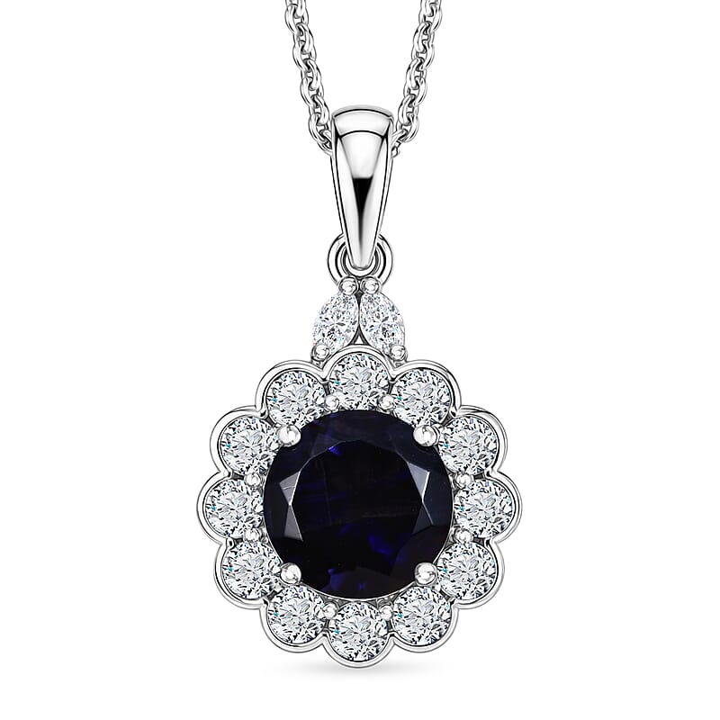 D'Joy Premium Catalina Iolite and Moissanite 1.50 ctw Pendant Necklace in Rhodium Over Sterling Silver 20 Inches