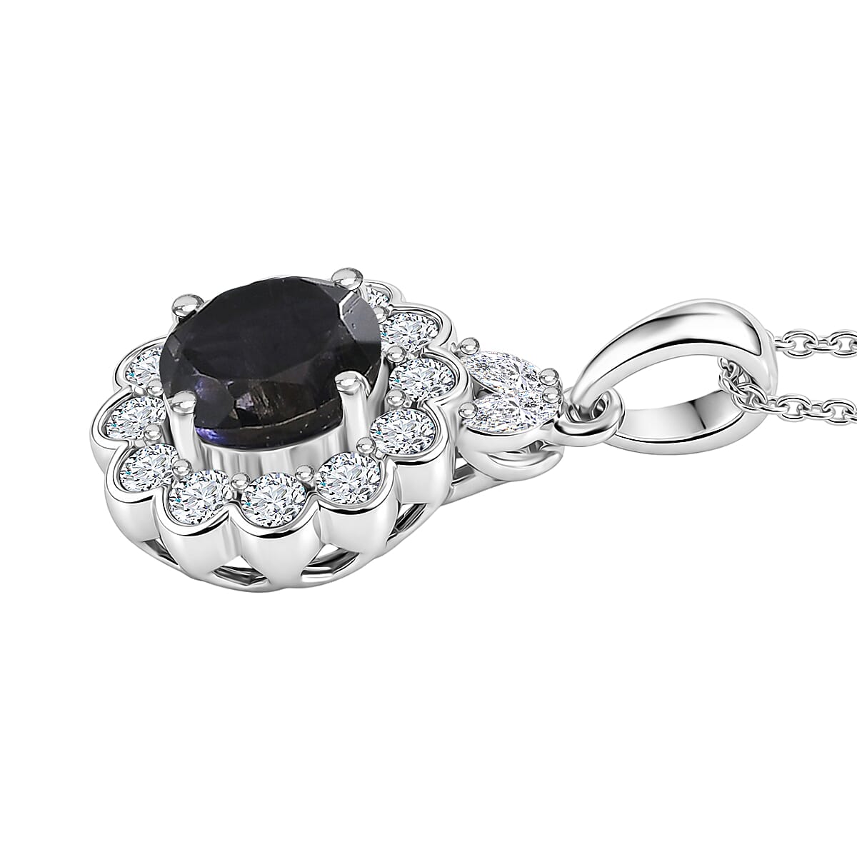 D'Joy Premium Catalina Iolite and Moissanite 1.50 ctw Pendant Necklace in Rhodium Over Sterling Silver 20 Inches