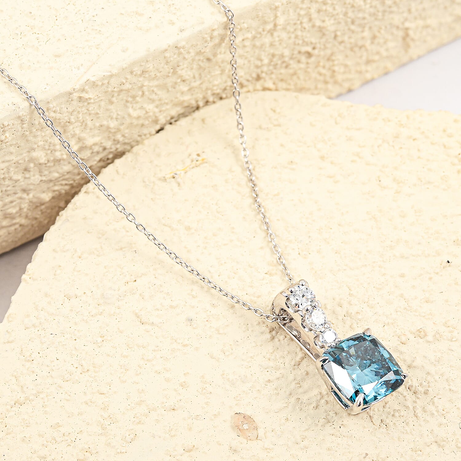 Luxuriant Lab Grown Blue Diamond (IR) and Lab Grown Diamond VS 3.00 ctw Pendant Necklace in Rhodium Over Sterling Silver 20 Inches