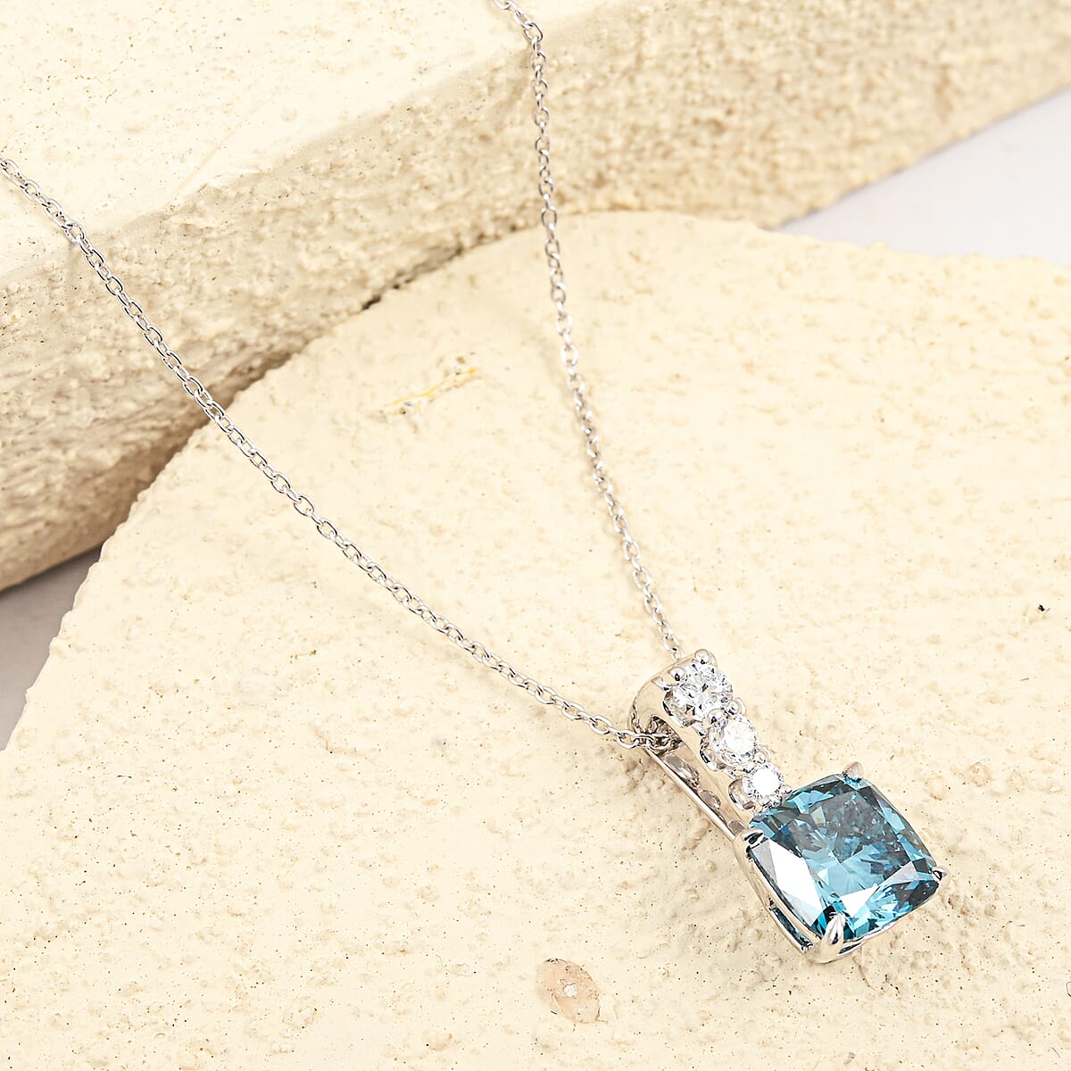 Luxuriant Lab Grown Blue Diamond (IR) and Lab Grown Diamond VS 3.00 ctw Pendant Necklace in Rhodium Over Sterling Silver 20 Inches  image number 1