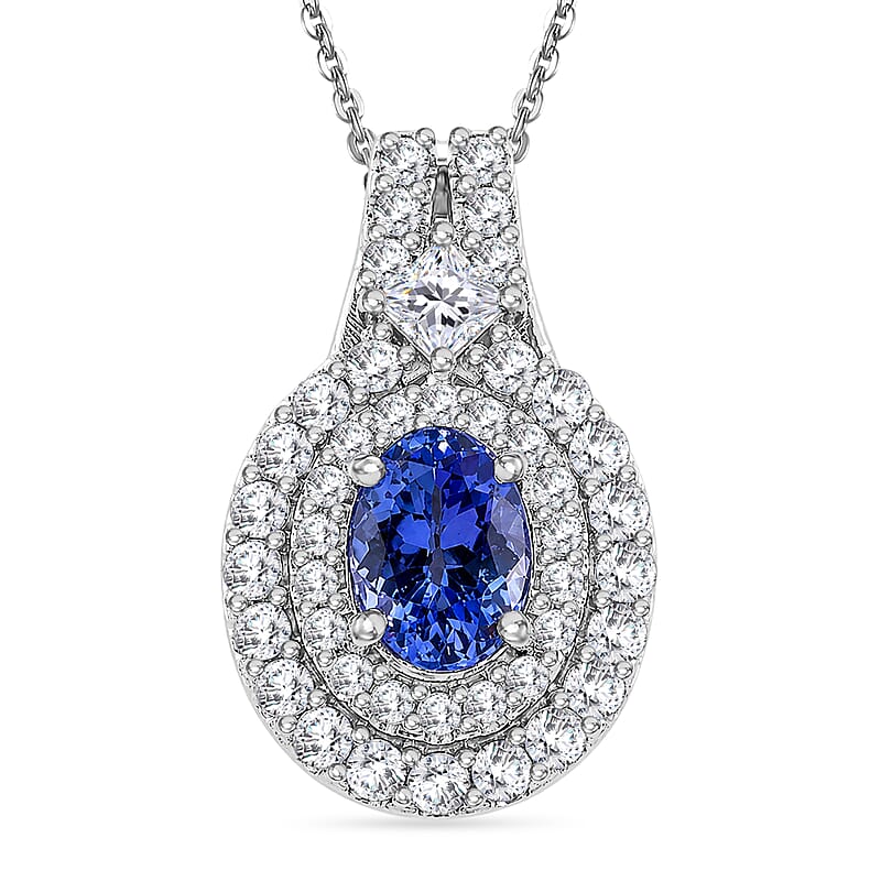 Certified & Appraised D'Joy Premium Tanzanite and Moissanite 2.00 ctw Pendant Necklace in Rhodium Over Sterling Silver 20 Inches