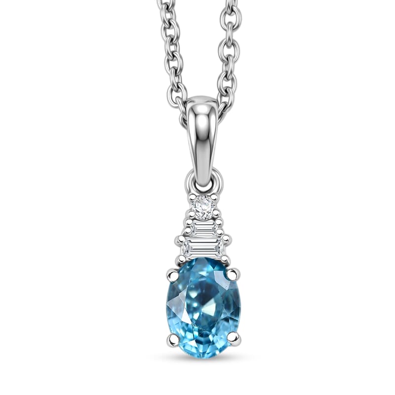 D'Joy Cambodian Blue Zircon and Moissanite 1.40 ctw Royal Twilight Pendant in Rhodium Over Sterling Silver with Stainless Steel Necklace 20 Inches