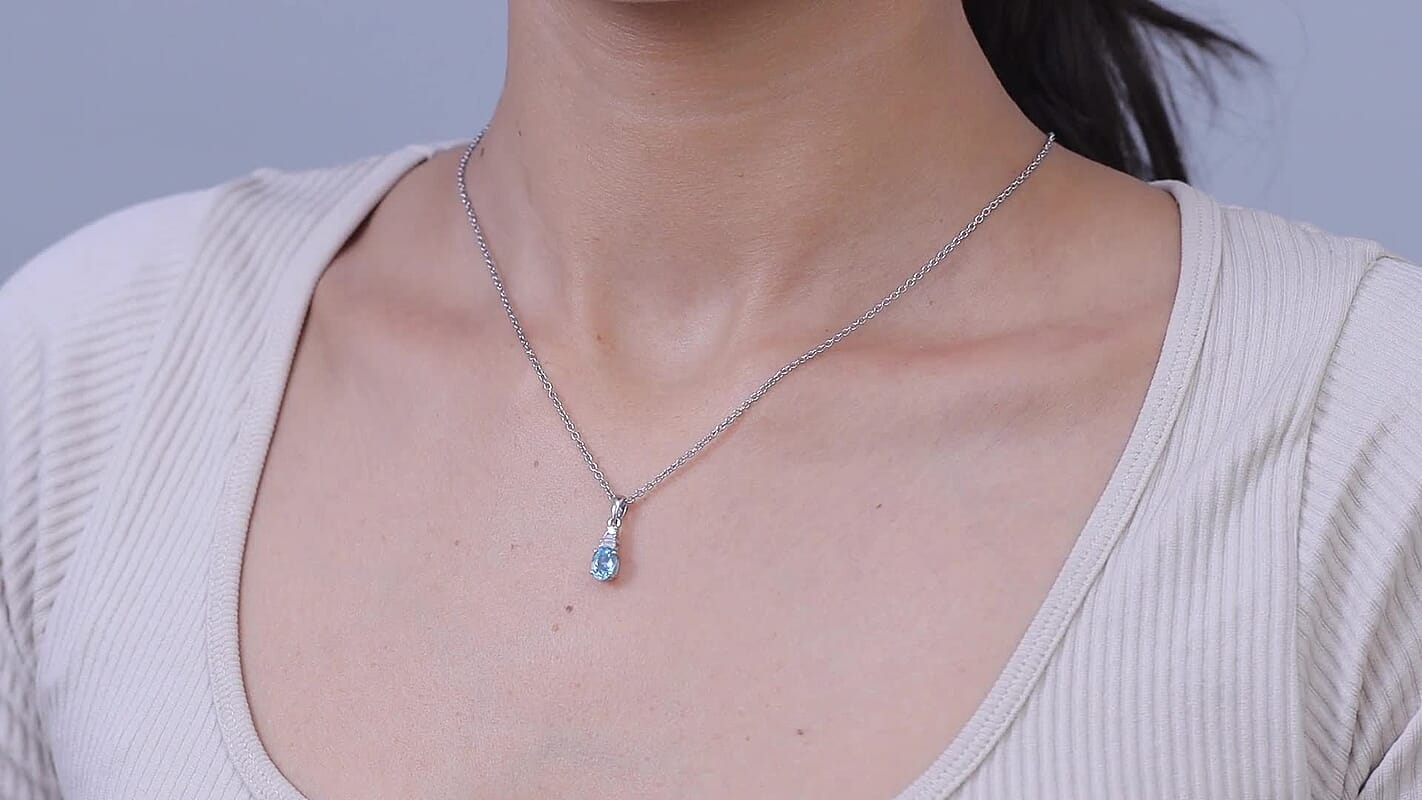 D'Joy Cambodian Blue Zircon and Moissanite 1.40 ctw Pendant in Rhodium Over Sterling Silver with Stainless Steel Necklace 20 Inches