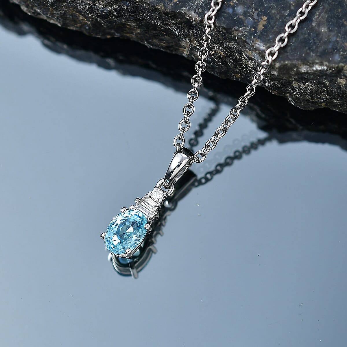 D'Joy Cambodian Blue Zircon and Moissanite 1.40 ctw Pendant in Rhodium Over Sterling Silver with Stainless Steel Necklace 20 Inches image number 1