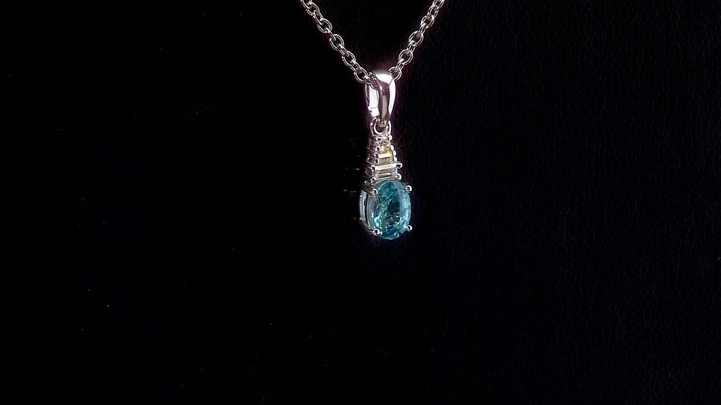 D'Joy Cambodian Blue Zircon and Moissanite 1.40 ctw Pendant in Rhodium Over Sterling Silver with Stainless Steel Necklace 20 Inches