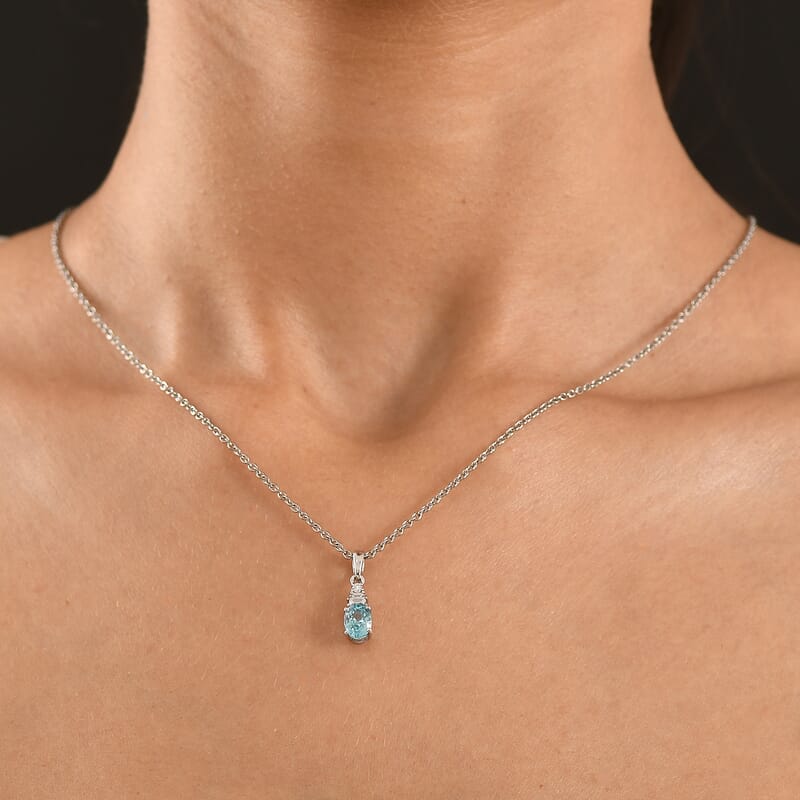 D'Joy Cambodian Blue Zircon and Moissanite 1.40 ctw Royal Twilight Pendant in Rhodium Over Sterling Silver with Stainless Steel Necklace 20 Inches